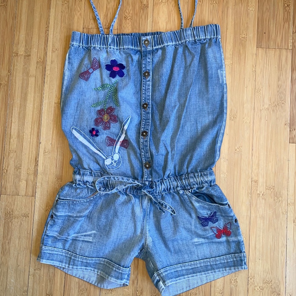 ScoLar Embroidered Blue Denim Romper Waist Elastic Women's M Bunny Flowers Cute!